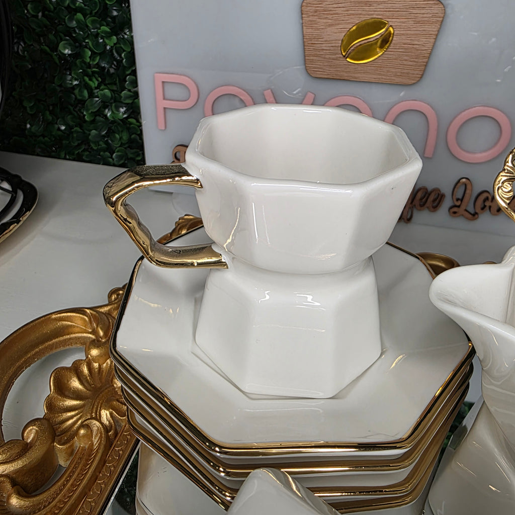 Luxury White & Gold Complete Ceramic Coffee Set with Serving Tray