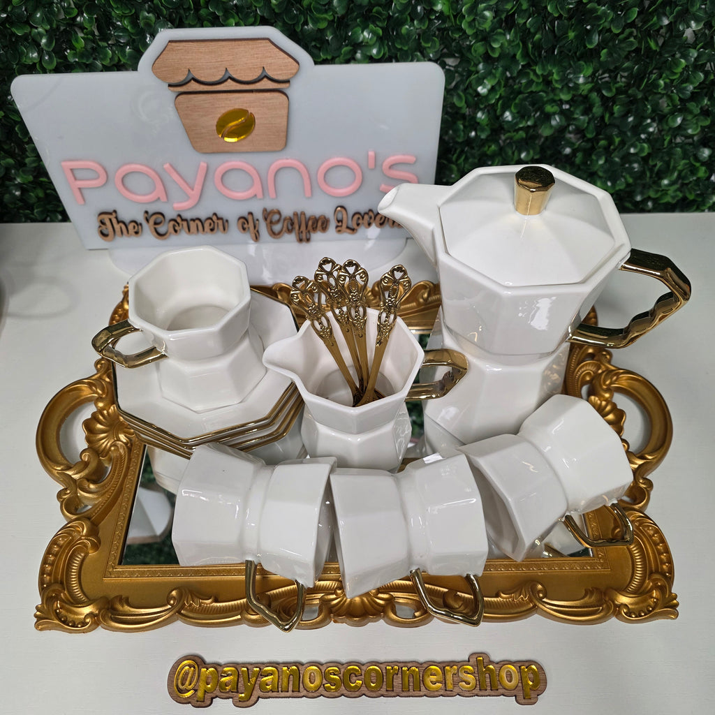 Luxury White & Gold Complete Ceramic Coffee Set with Serving Tray