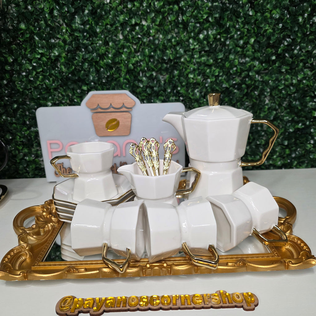 Luxury White & Gold Complete Ceramic Coffee Set with Serving Tray